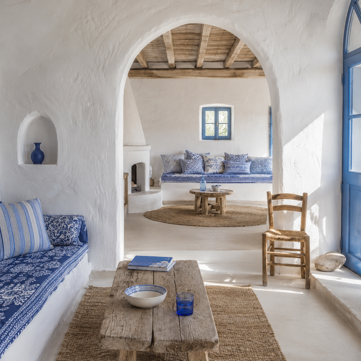 Aegean Whitewash — Crisp white, blue and white textiles, airy Cycladic calm.